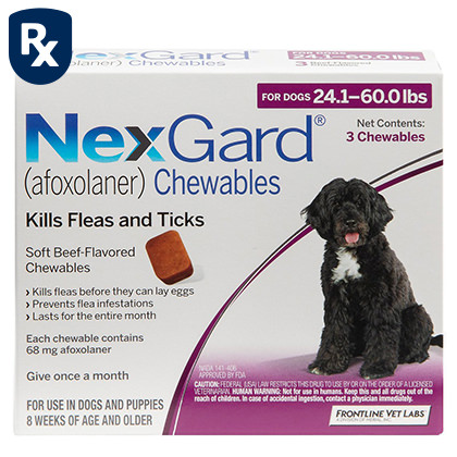 s NexGard" afoxolaner Chewables Kills Fleas and Ticks Soft Beef-Flavored Chewables Kl fleas before they canlay ggs Prevents flea nfestations Lastsfortheentire month Each chowable contains 68 mg aforclaner Give once.a month FORUSE N DOGS AND PUPPIES BWEEKS OF AGE AND OLDER 