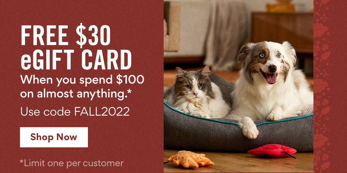 Free $30 eGift Card When you spend $100 on almost everything.* | Use Code: FALL2022 | Shop Now | *Limit one per customer. FREE $30 HINH When you spend $100 W on almost anything.* : Use code FALL2022 *Limit one per customer 