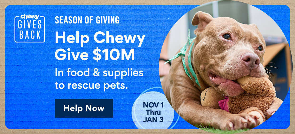 Chewy Gives Back | Season of Giving | Help Chewy Give $10M In Food & Supplies To Rescue Pets. | Help Now | Nov 1 - Jan 3 HeIpICh. Give $10M In food supplles to rescue pets. 